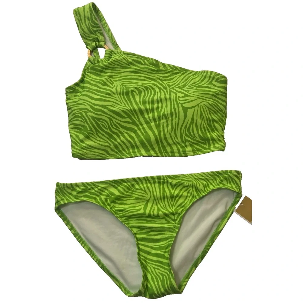 Michael Kors One Shoulder O-Ring 2 piece swimsuit Women's S Green Apple NWT‎